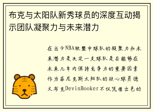 布克与太阳队新秀球员的深度互动揭示团队凝聚力与未来潜力